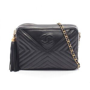 Chanel Shoulder Bag Stitch Black Lambskin Fringe